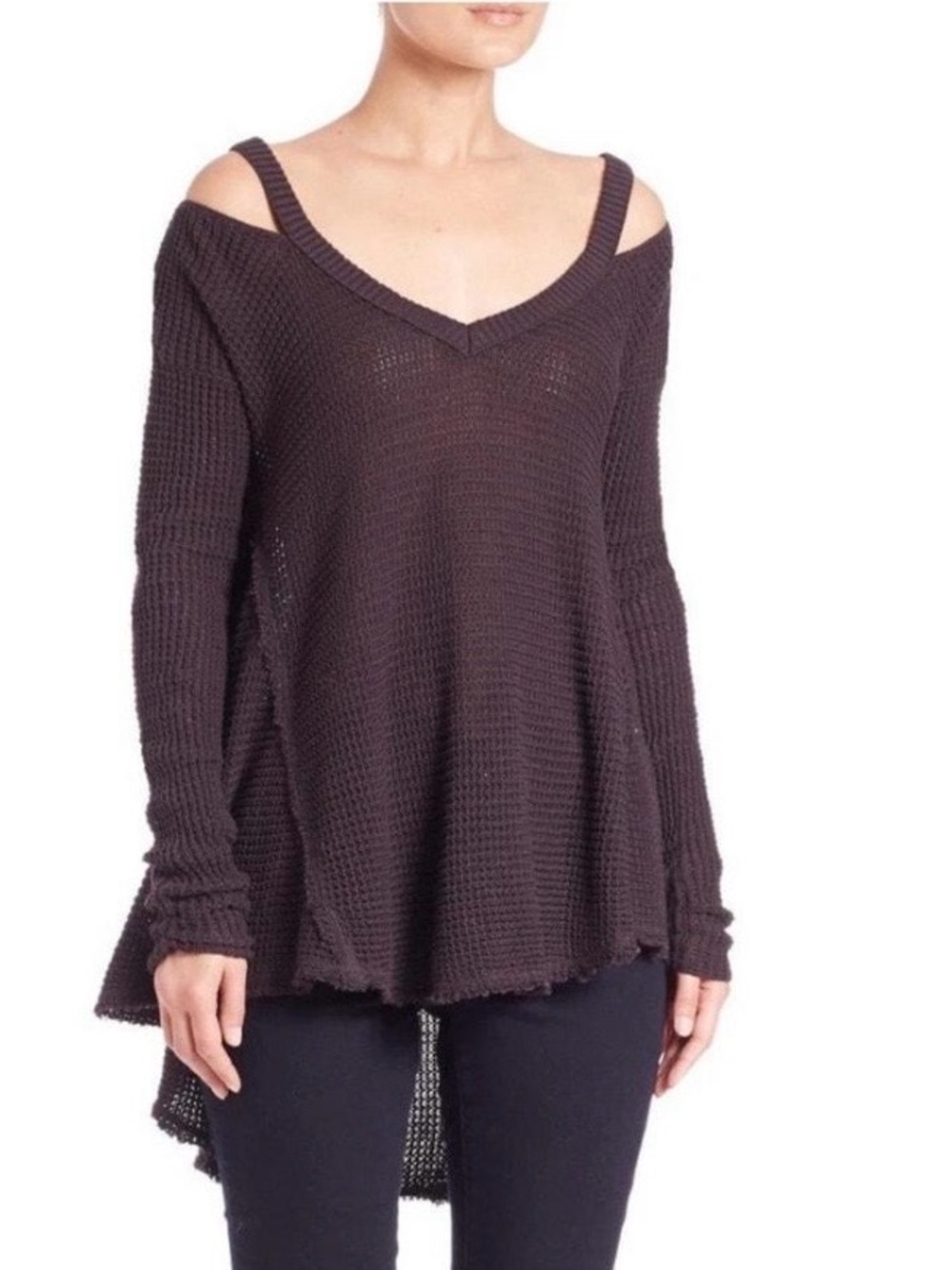 Free People Moonshine Waffle Knit V-Neck Boho Oversized Fringe Hem Sweater
